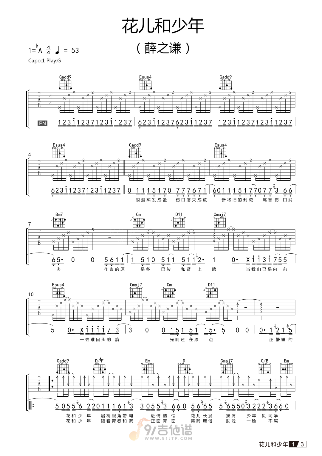 花儿和少年吉他谱,薛之谦歌曲,G调简单指弹教学简谱,网络转载版六线谱图片