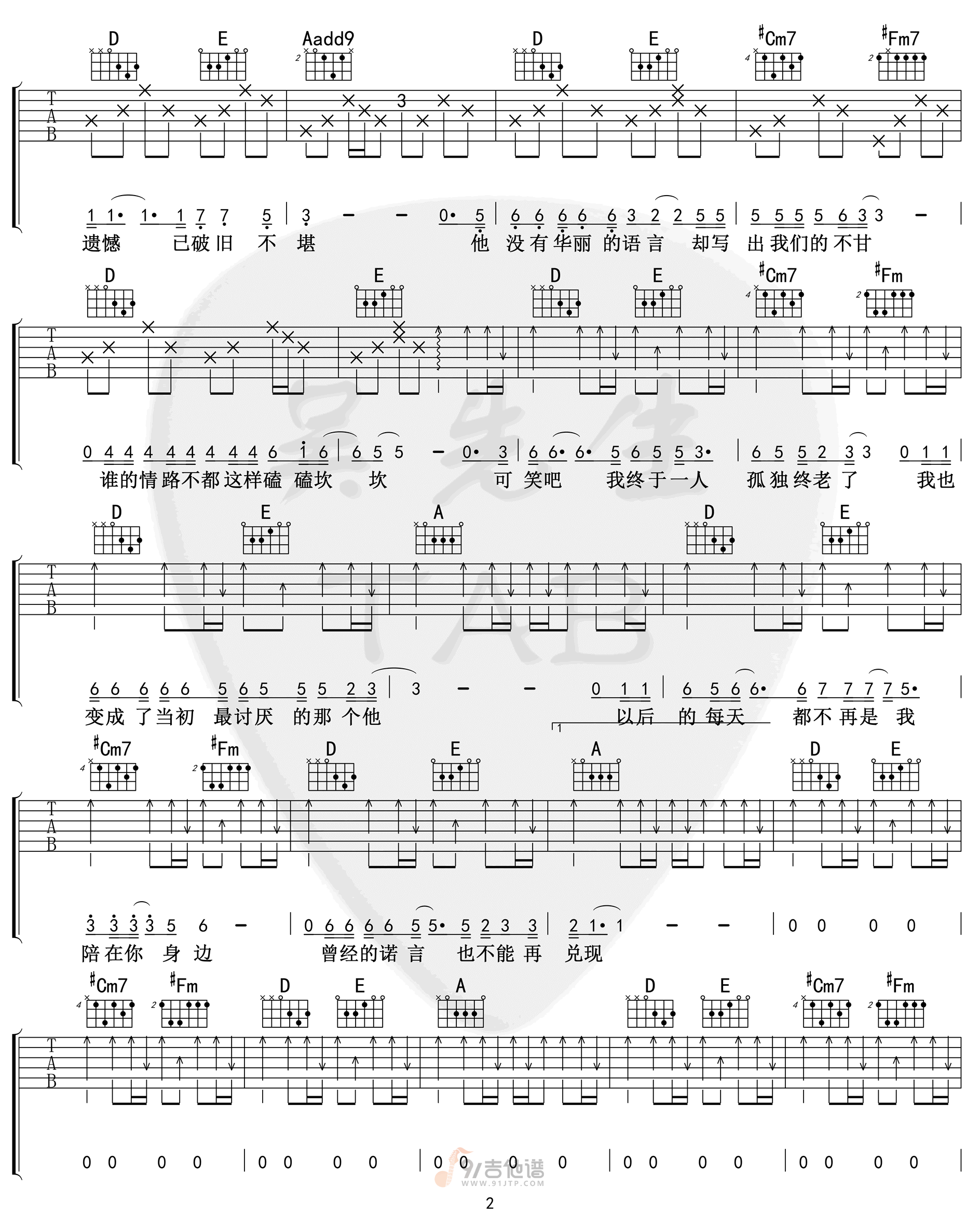 遗憾吉他谱,王佳杨歌曲,A调简单指弹教学简谱,吴先生TAB版六线谱图片