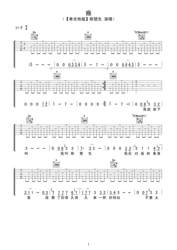 瘾吉他谱,陈楚生歌曲,F调简单指弹教学简谱,网络转载版六线谱图片