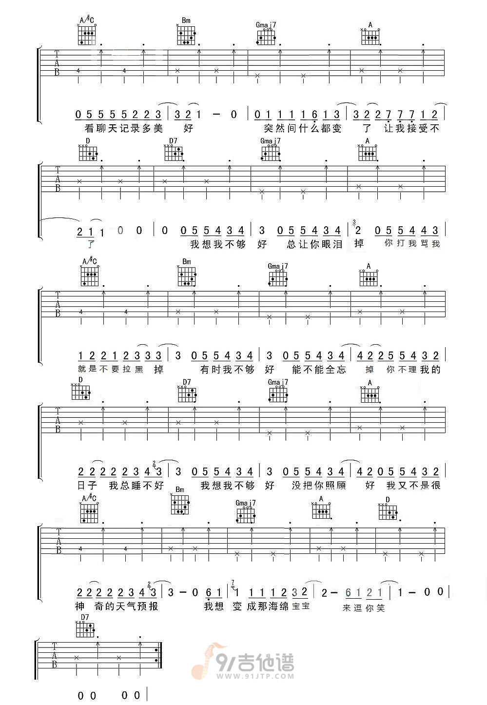 我想我不够好吉他谱,回音哥歌曲,D调简单指弹教学简谱,网络转载版六线谱图片