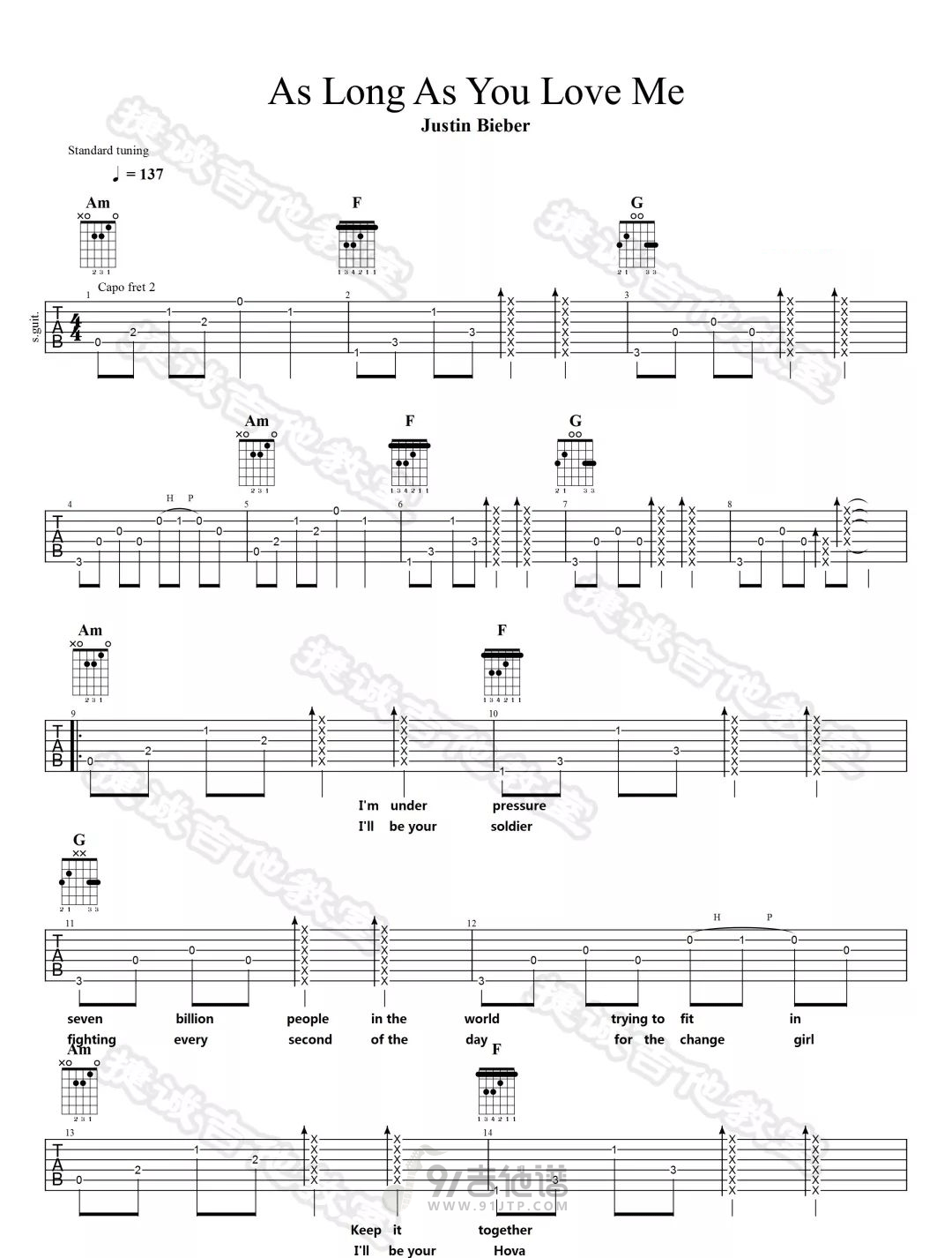 As Long As吉他谱,Justin歌曲,C调简单指弹教学简谱,捷诚吉他教室版六线谱图片