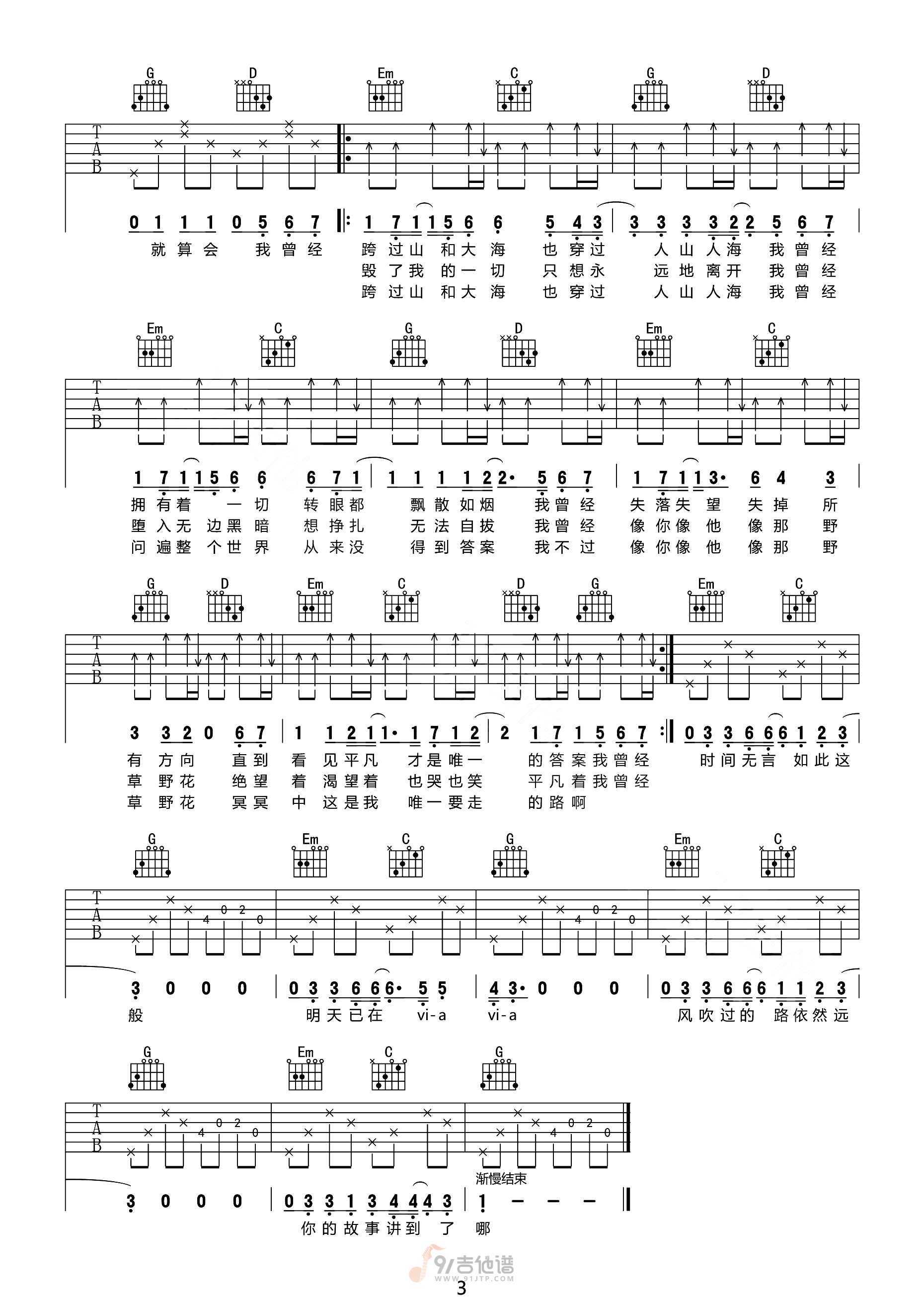 平凡之路吉他谱,朴树歌曲,G调简单指弹教学简谱,网络转载版六线谱图片