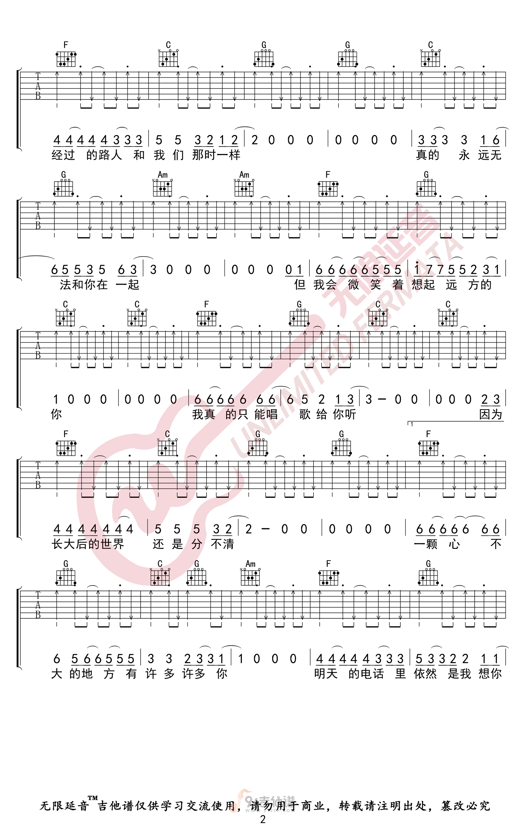 我会想起你吉他谱,宋捷歌曲,C调简单指弹教学简谱,无限延音版六线谱图片