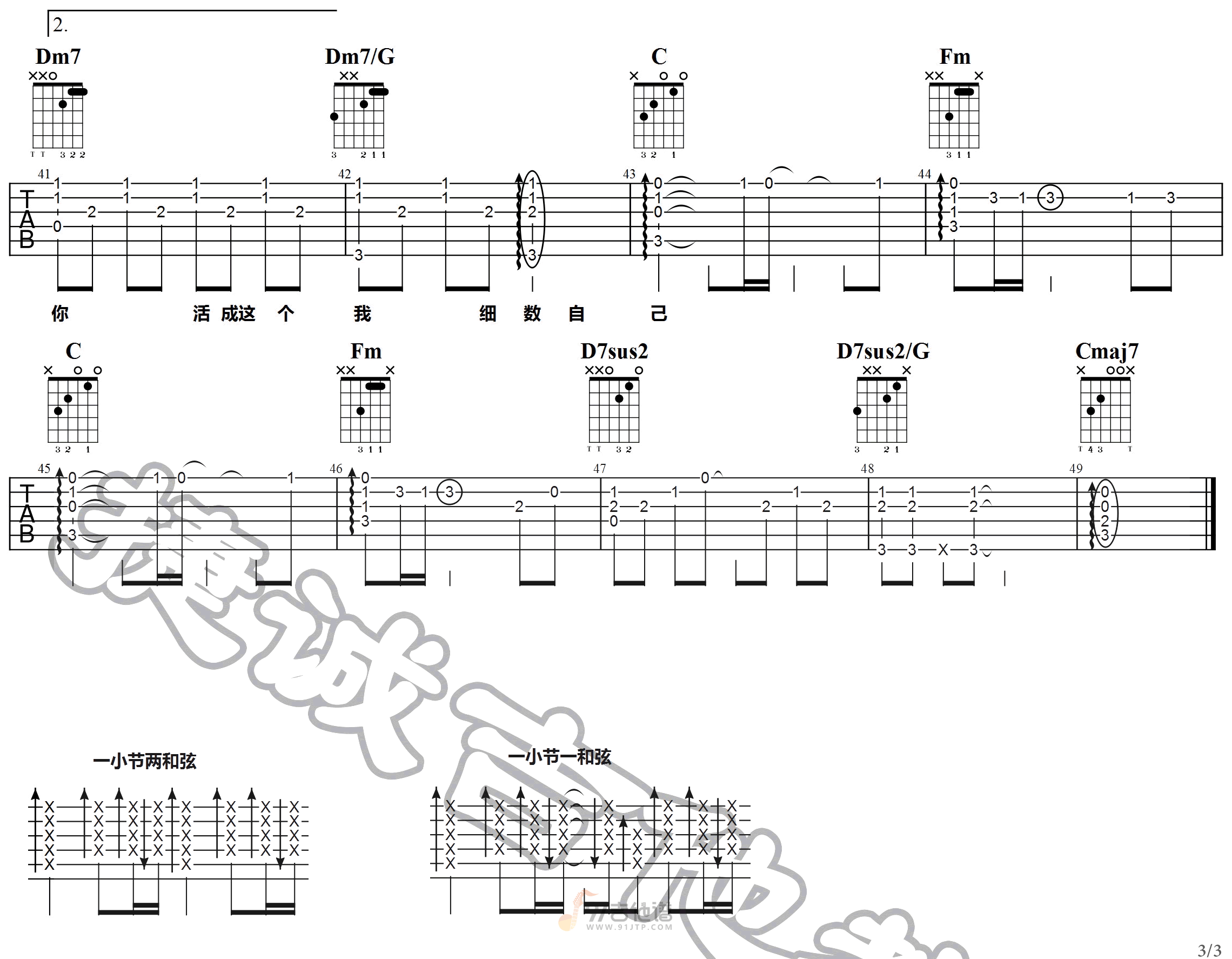 年轮说吉他谱,杨丞琳歌曲,C调简单指弹教学简谱,捷诚吉他教室版六线谱图片