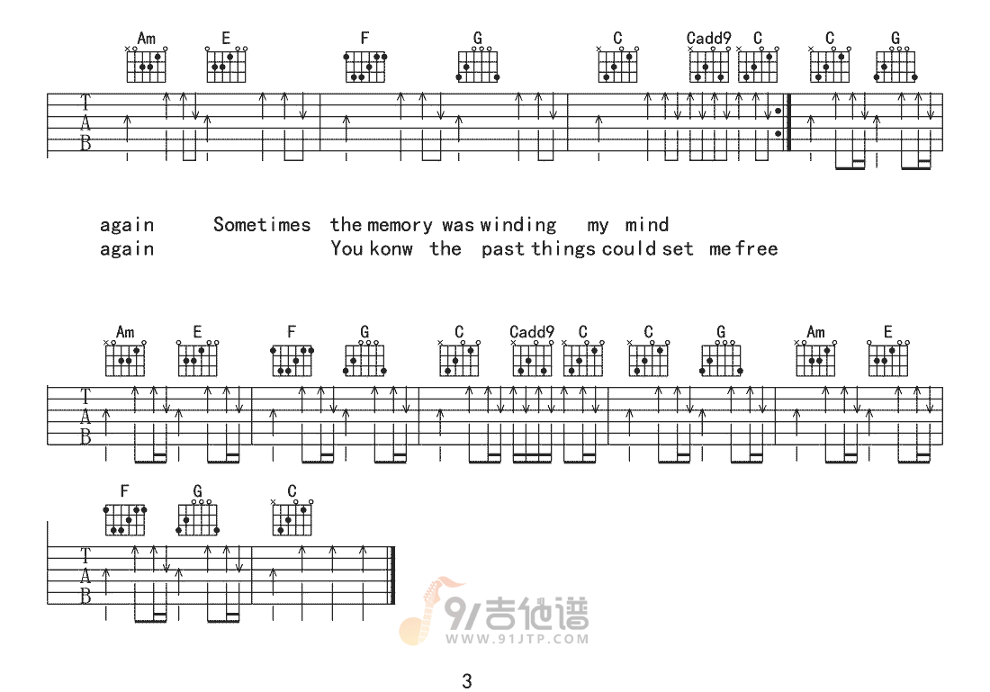 再谈记忆吉他谱,盘尼西林歌曲,C调简单指弹教学简谱,葛叔叔版六线谱图片