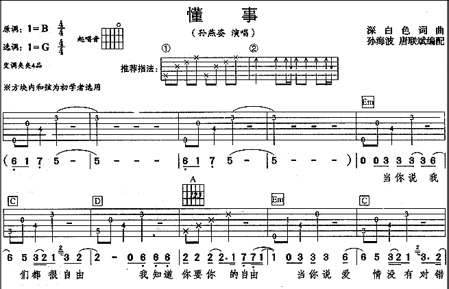 懂事吉他谱_孙燕姿_B调_原版指弹吉他简谱