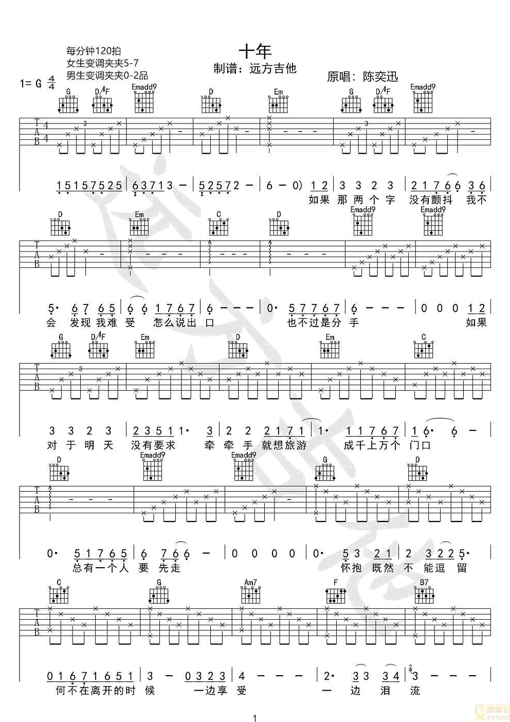 十年吉他谱 陈奕迅 G调指法 弹唱图片谱简谱歌词
