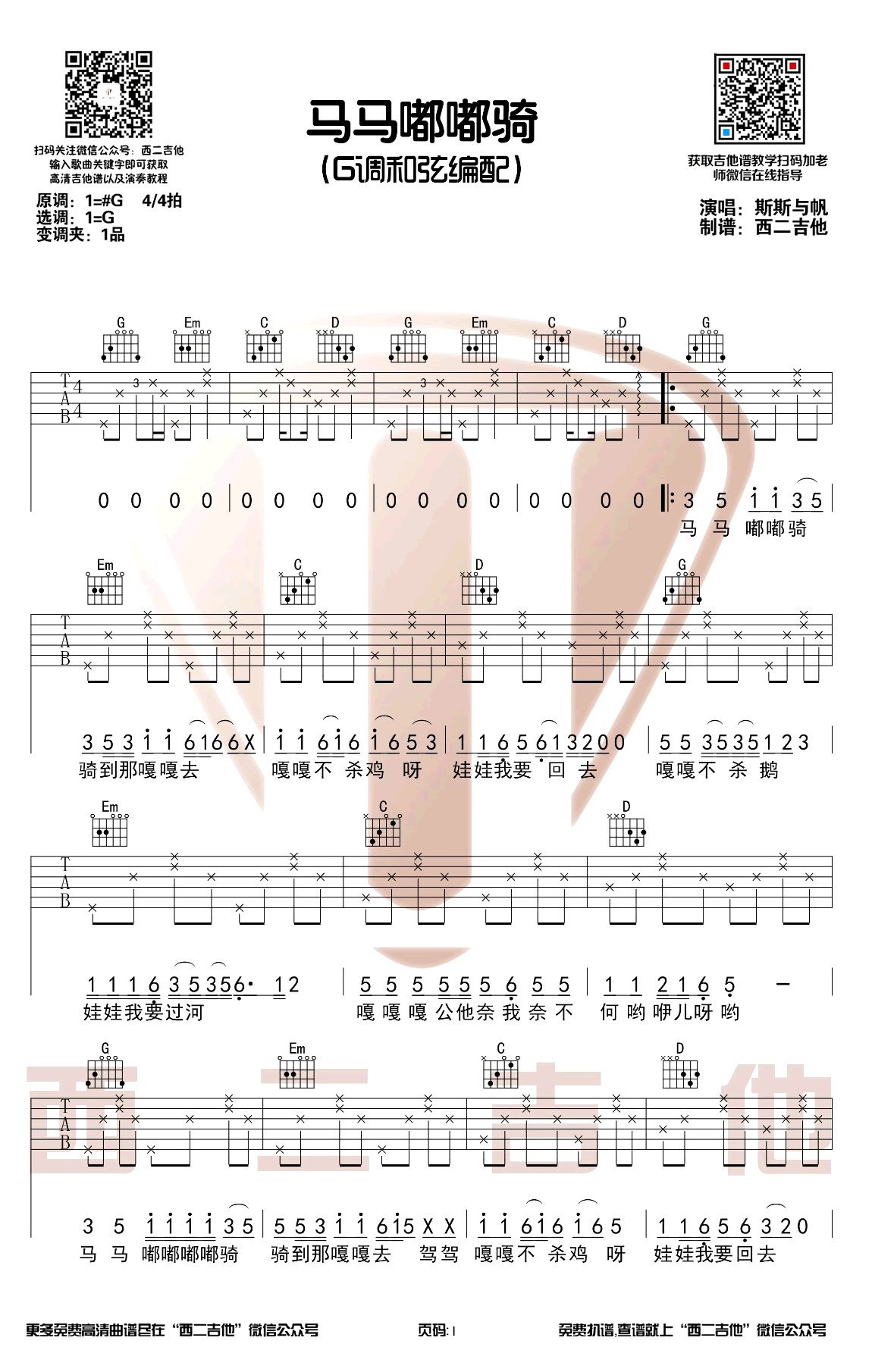 马马嘟嘟骑吉他谱_斯斯与帆《乐队的夏天》_新手简单版简谱歌词