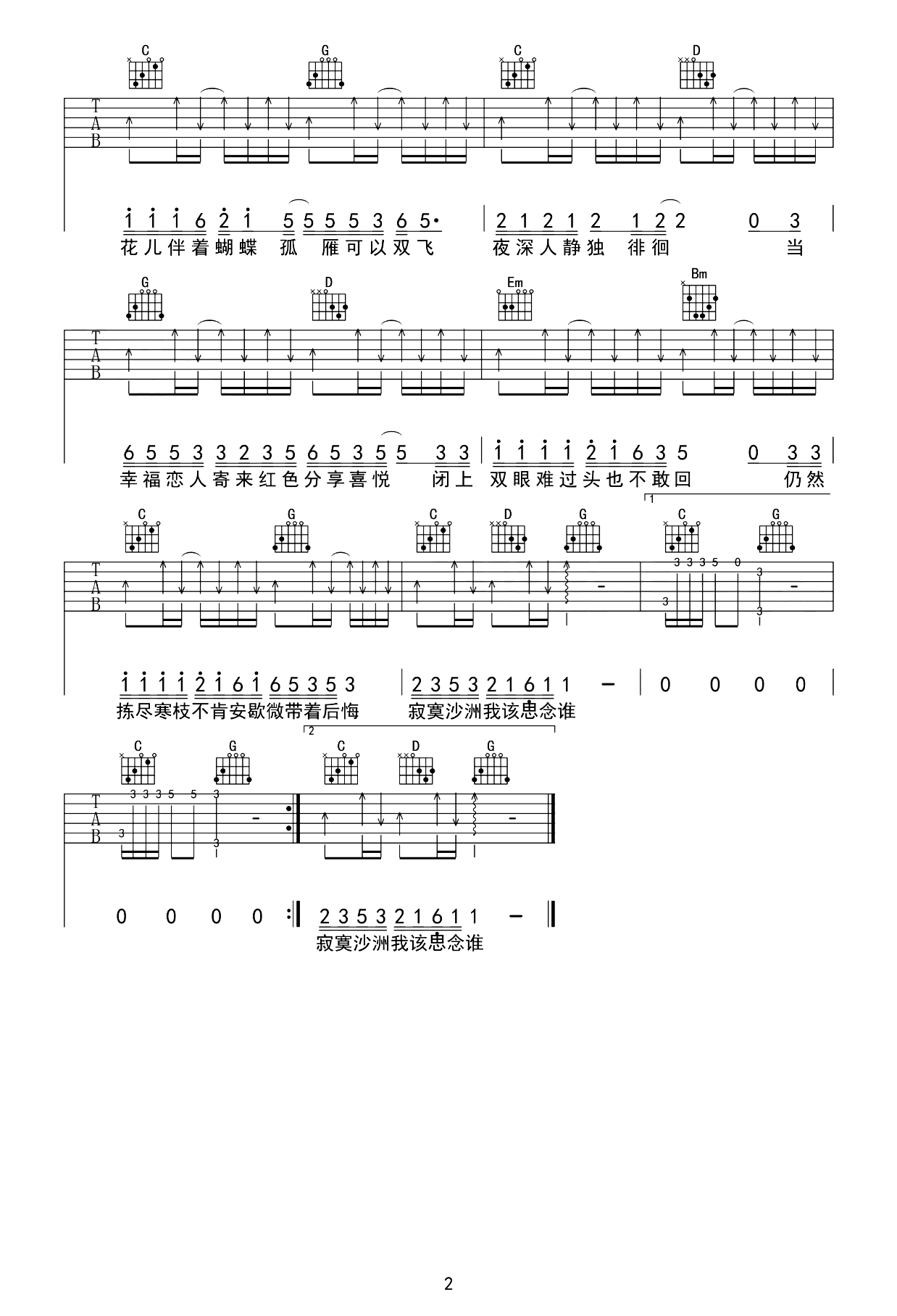 寂寞沙洲冷吉他谱_周传雄_G调弹唱六线谱简谱歌词
