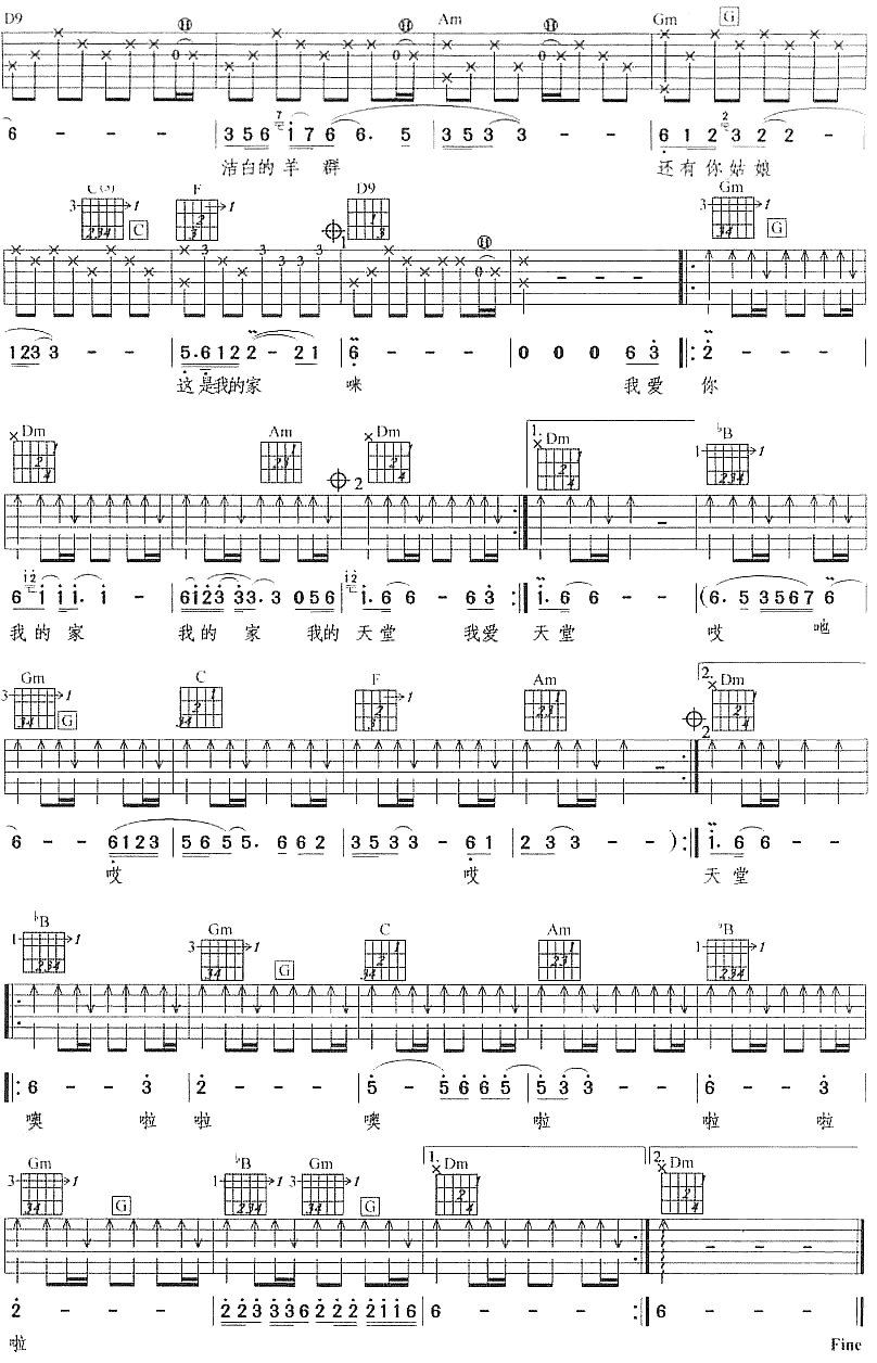 天堂吉他谱_滕格尔_F调_原版指弹吉他简谱