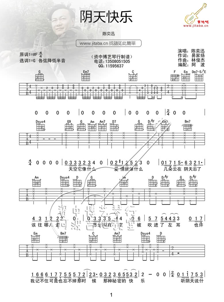 《阴天快乐吉他谱》_陈奕迅_F调_吉他图片谱3张 图1