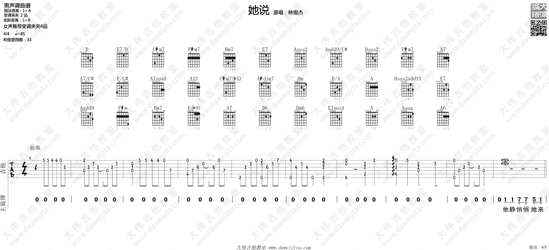 她说吉他谱 林俊杰 高清弹唱谱 《她说》吉他教学视频简谱歌词