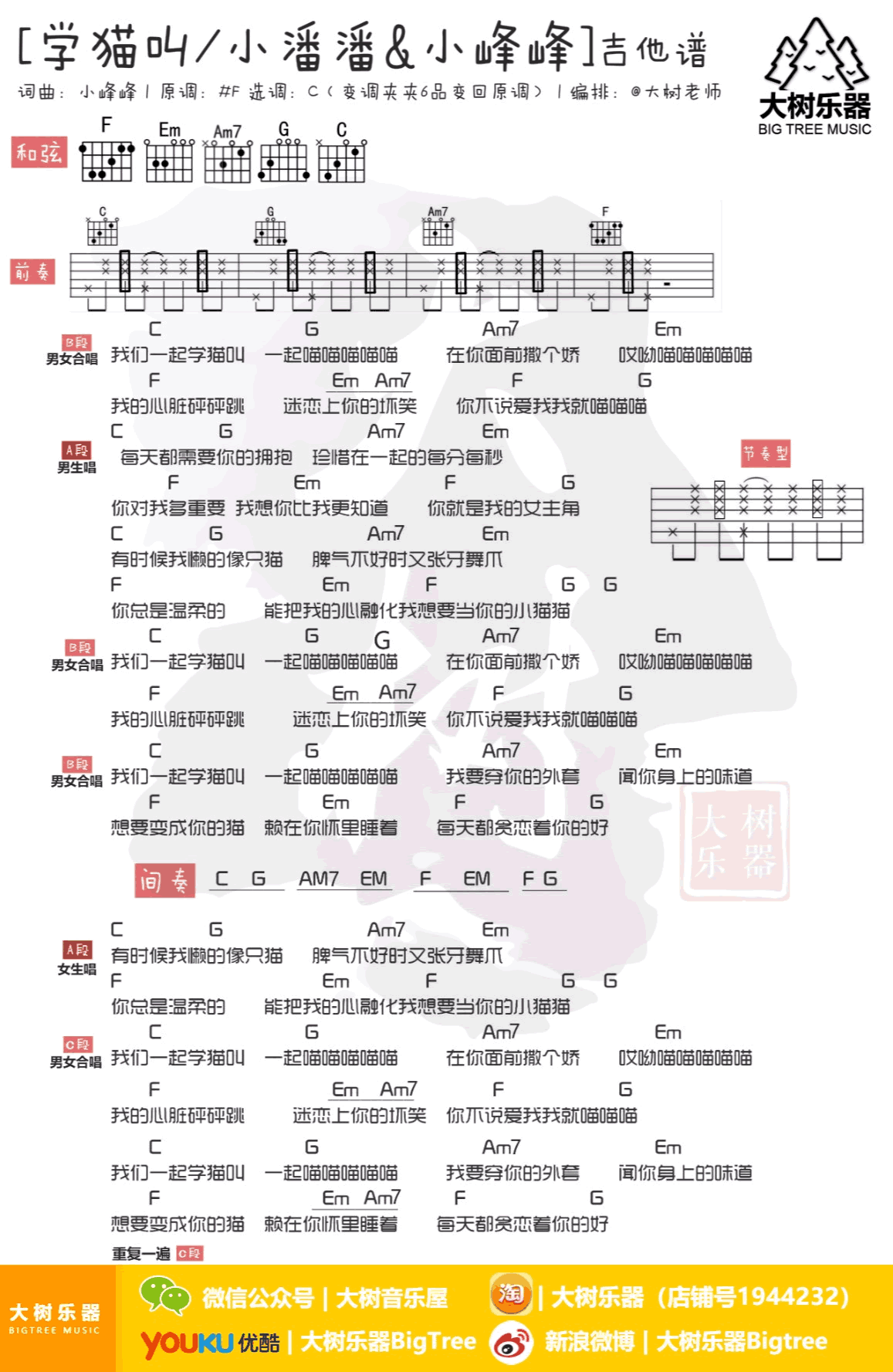 学猫叫吉他谱 C调弹唱谱 抖音歌曲 吉他教学视频简谱歌词