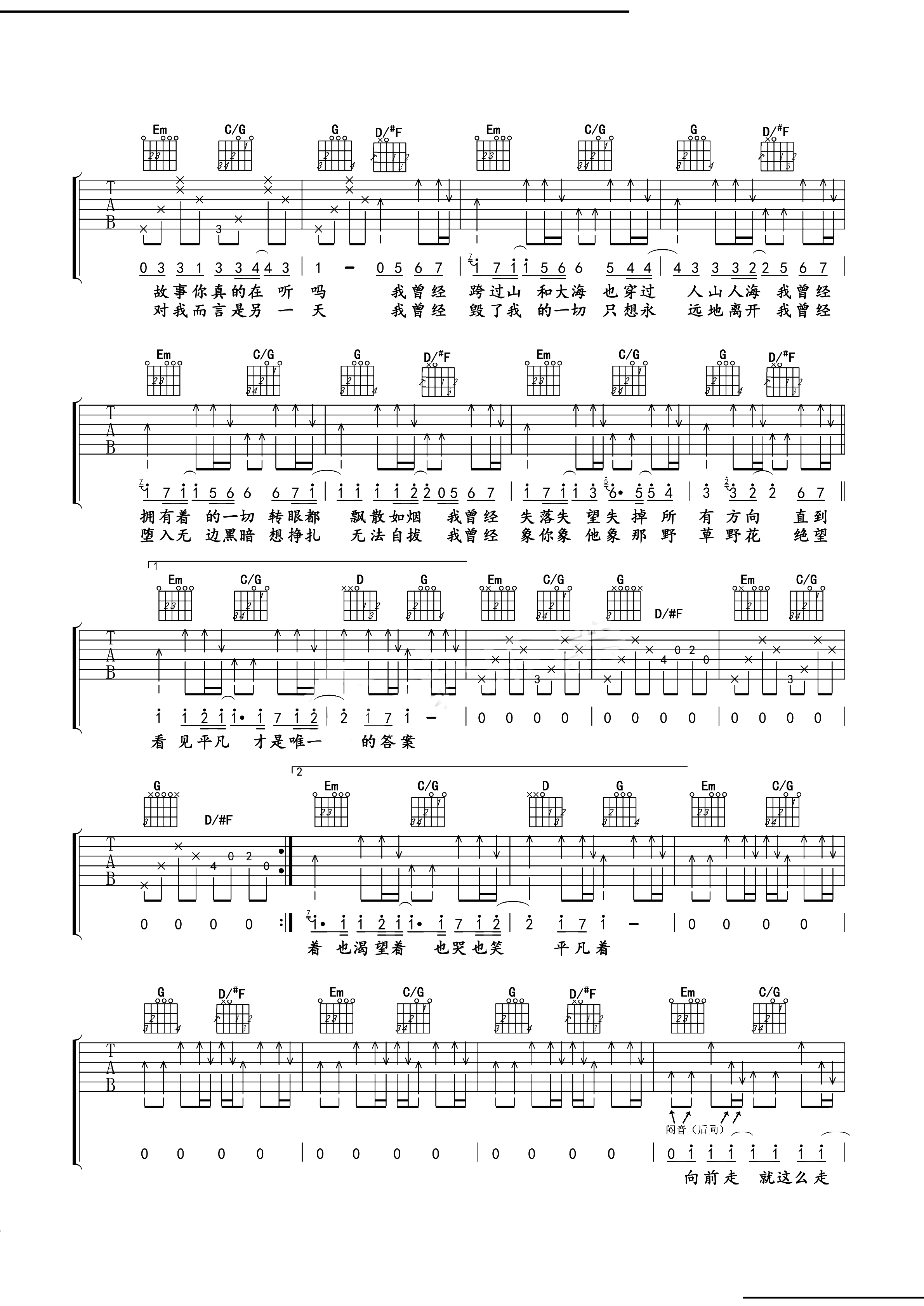 《平凡之路吉他谱》_朴树_G调_吉他图片谱2张 图2