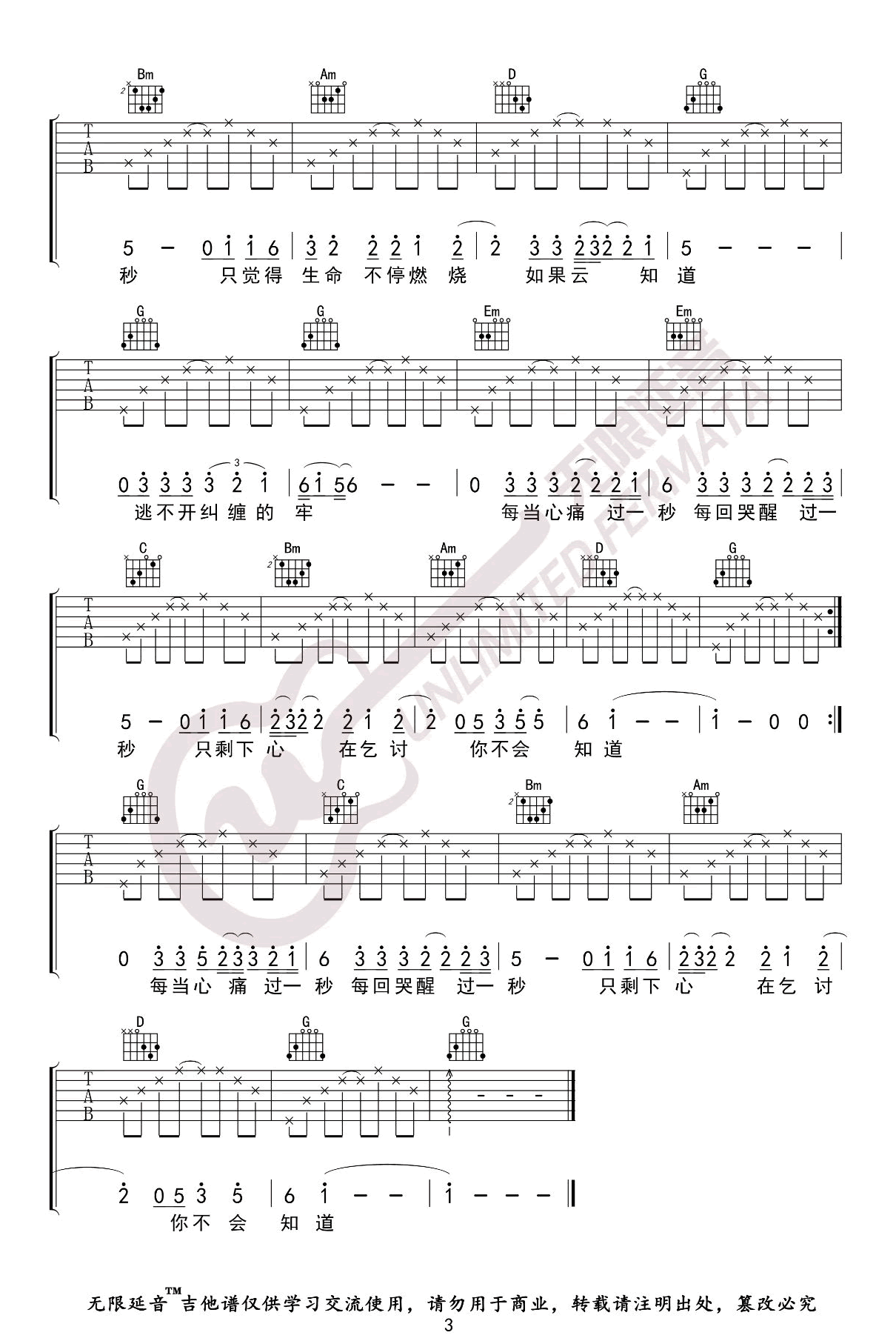 《如果云知道吉他谱》_许茹芸_A调_吉他图片谱3张 图3