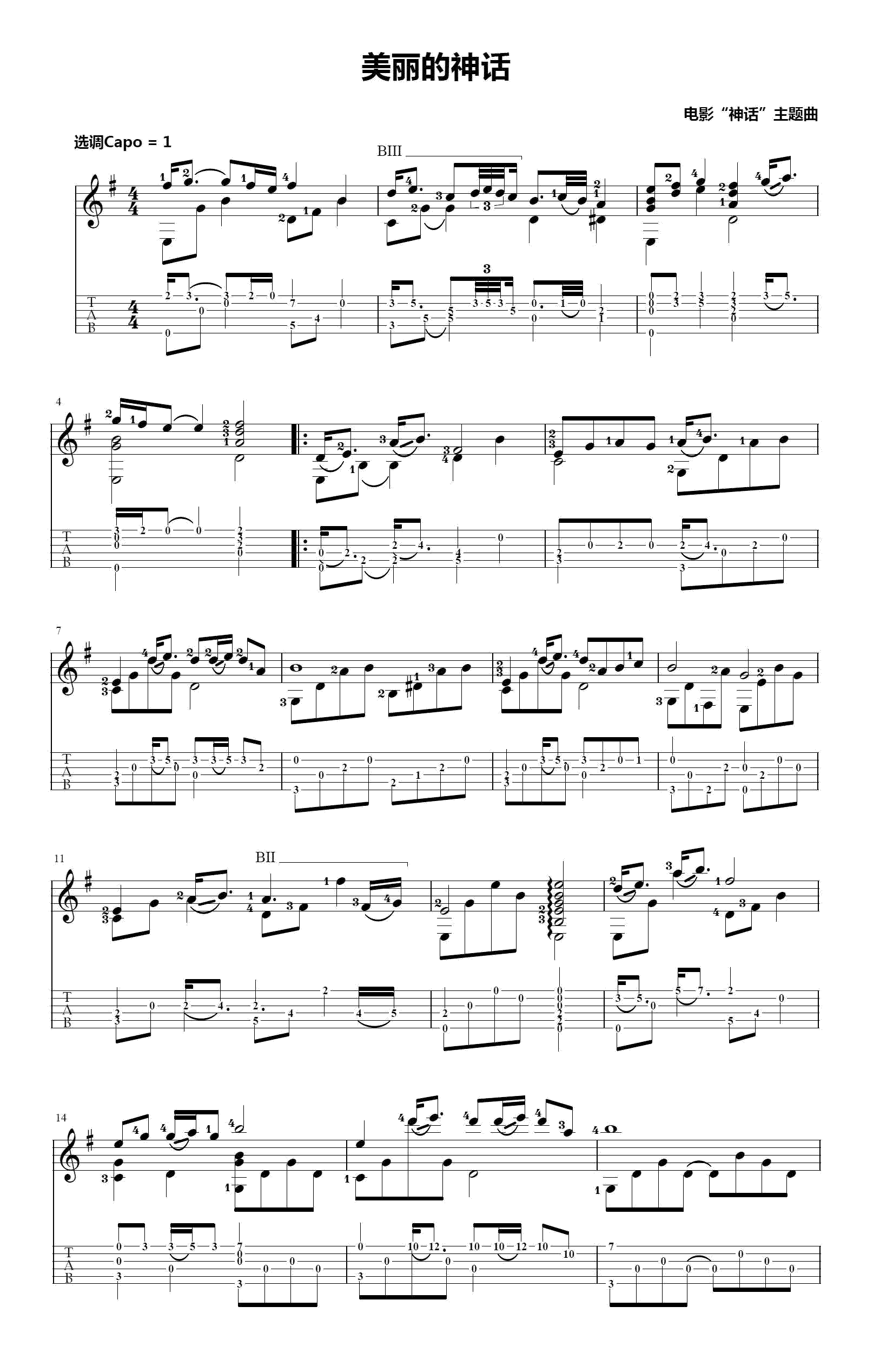 《美丽的神话指弹谱吉他谱》_独奏曲_吉他图片谱3张 图1