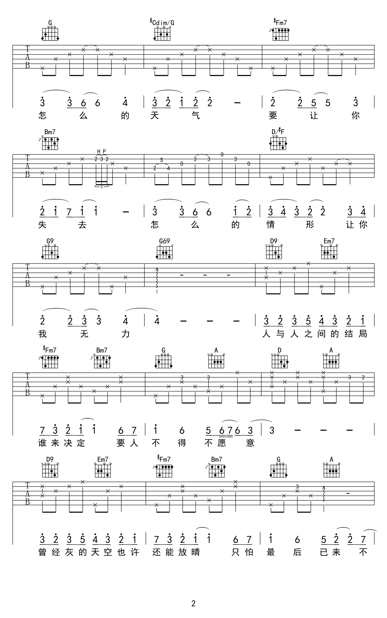 张碧晨 不及雨吉他谱-2