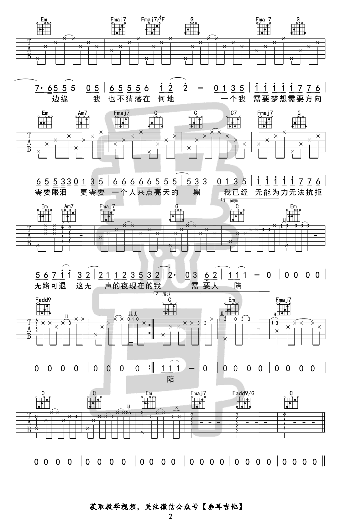 王力宏 需要人陪吉他谱 弹唱六线谱