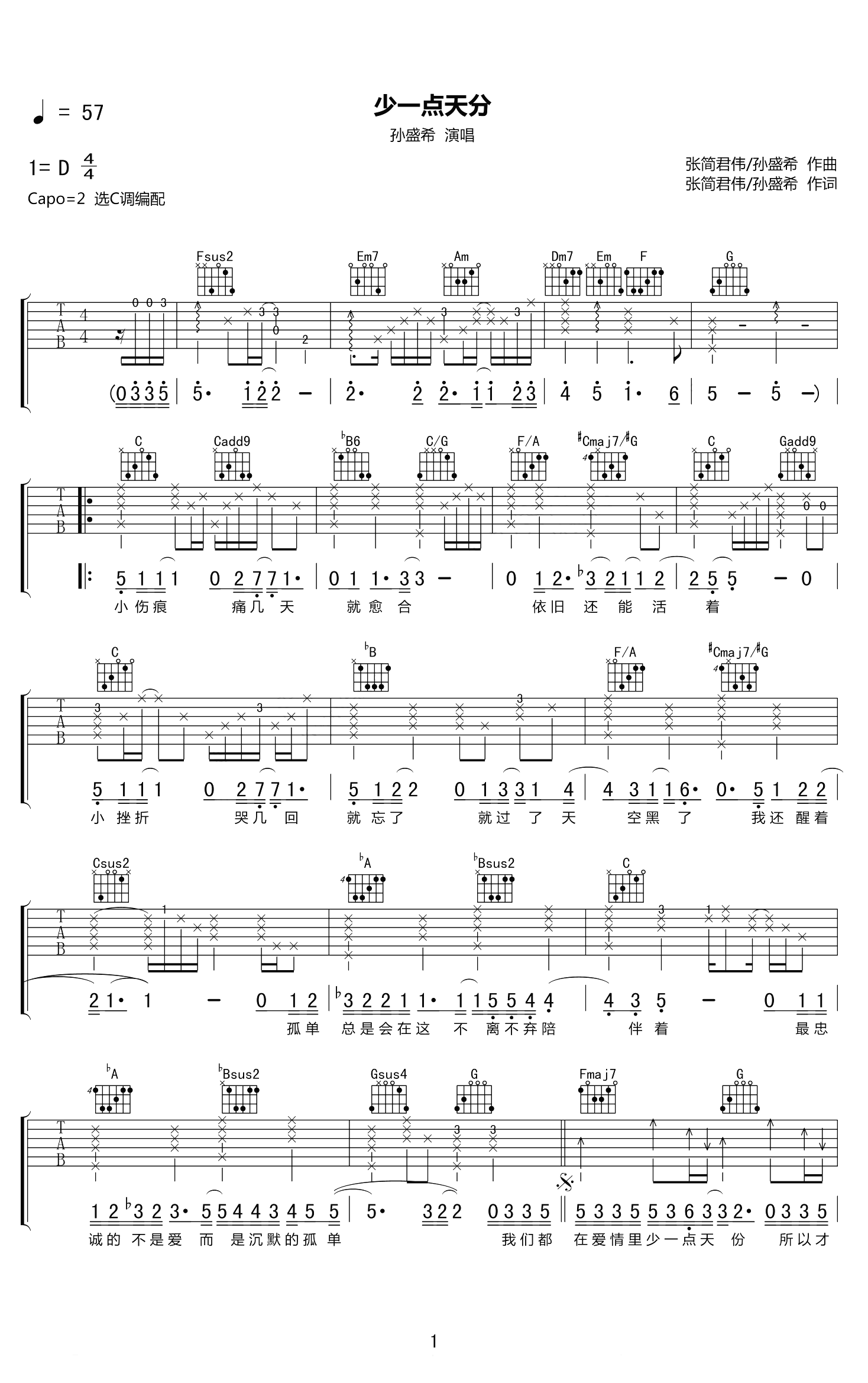 孙盛希 少一点天分吉他谱1