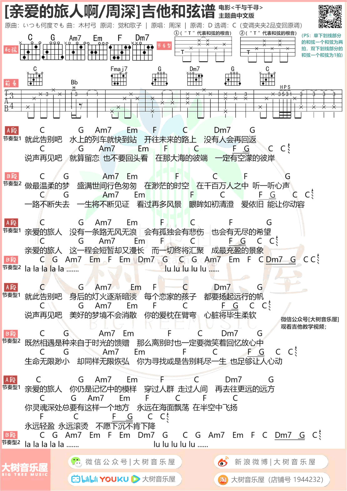 亲爱的旅人啊吉他谱_周深《千与千寻》主题曲_弹唱教学视频简谱歌词