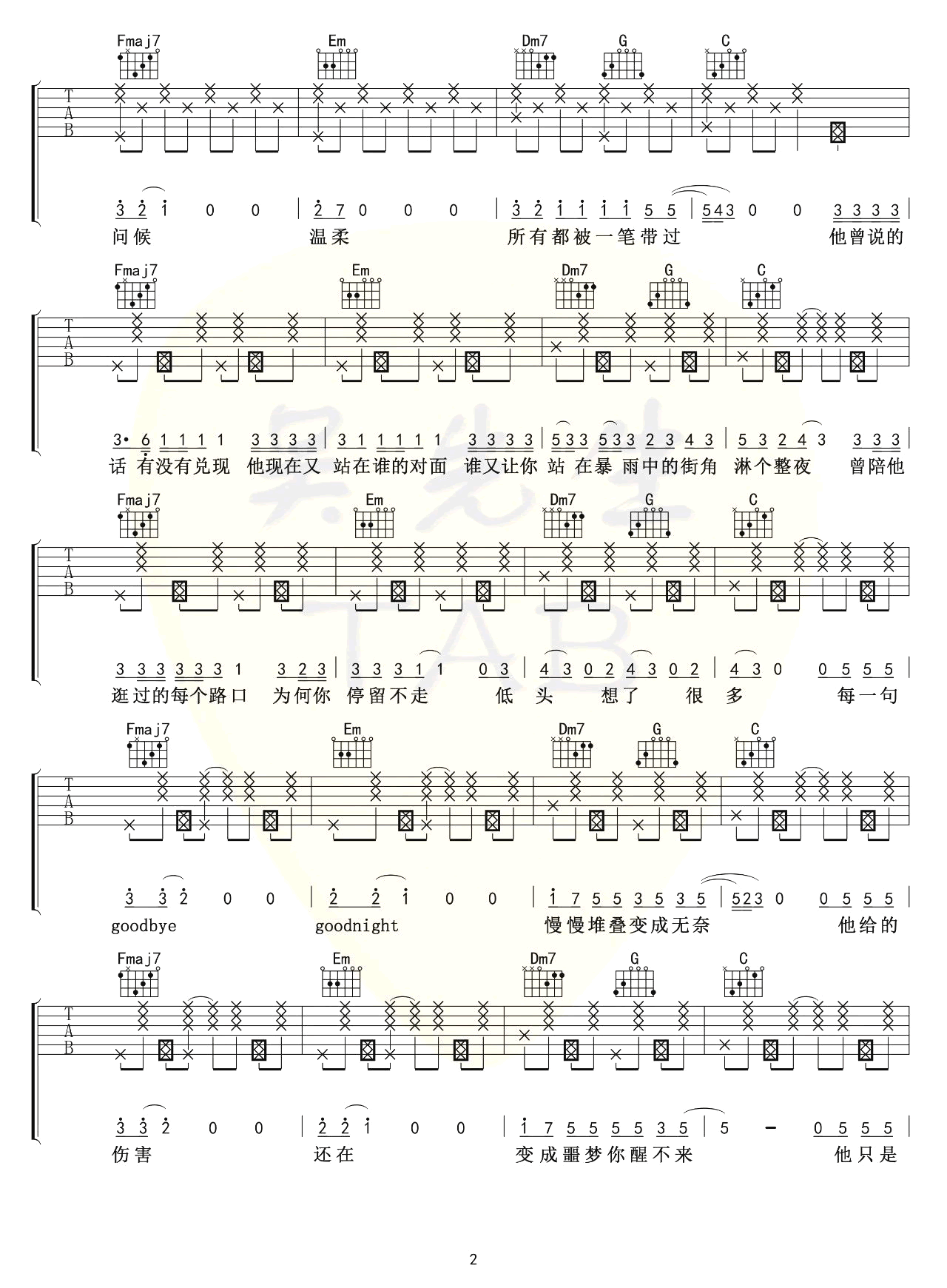 《他只是经过吉他谱》_Felix_C调_吉他图片谱4张 图2