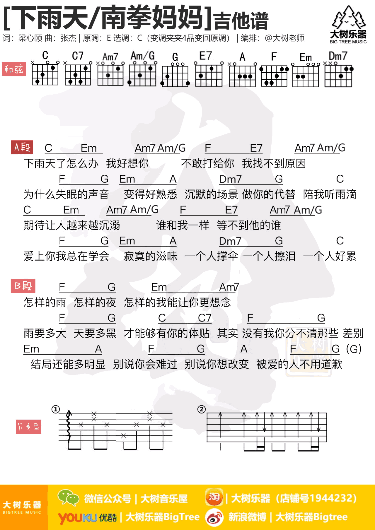 下雨天吉他谱 南拳妈妈 C调和弦 吉他弹唱教学简谱歌词